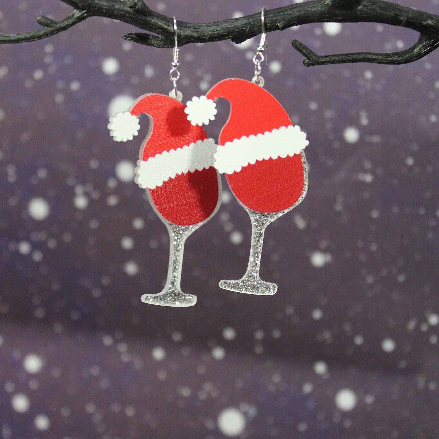 Wine Glass Dangle Earrings, Christmas Wine, Red Wine Gift, Santa Hat, Party Accessories, Glitter Earrings, Free Gift